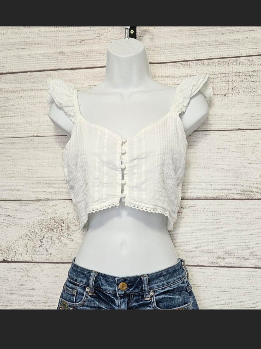 aerie White Ruffled Button-Front Crop Top